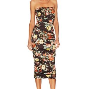 Veronica Beard Brown Floral Strapless Ruched Bodycon Dress
